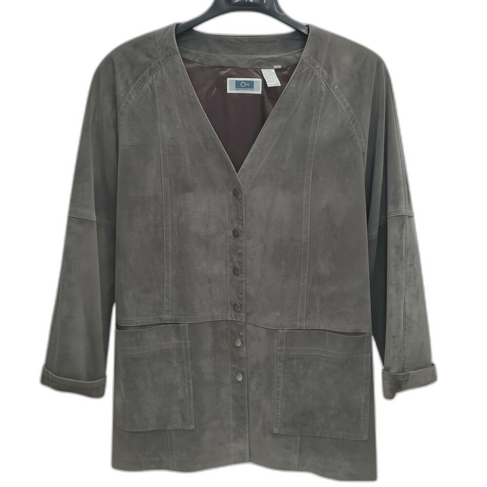 QPS Quality Price Style Vintage Leather Jacket Womens Medium Gray Suede V-Neck